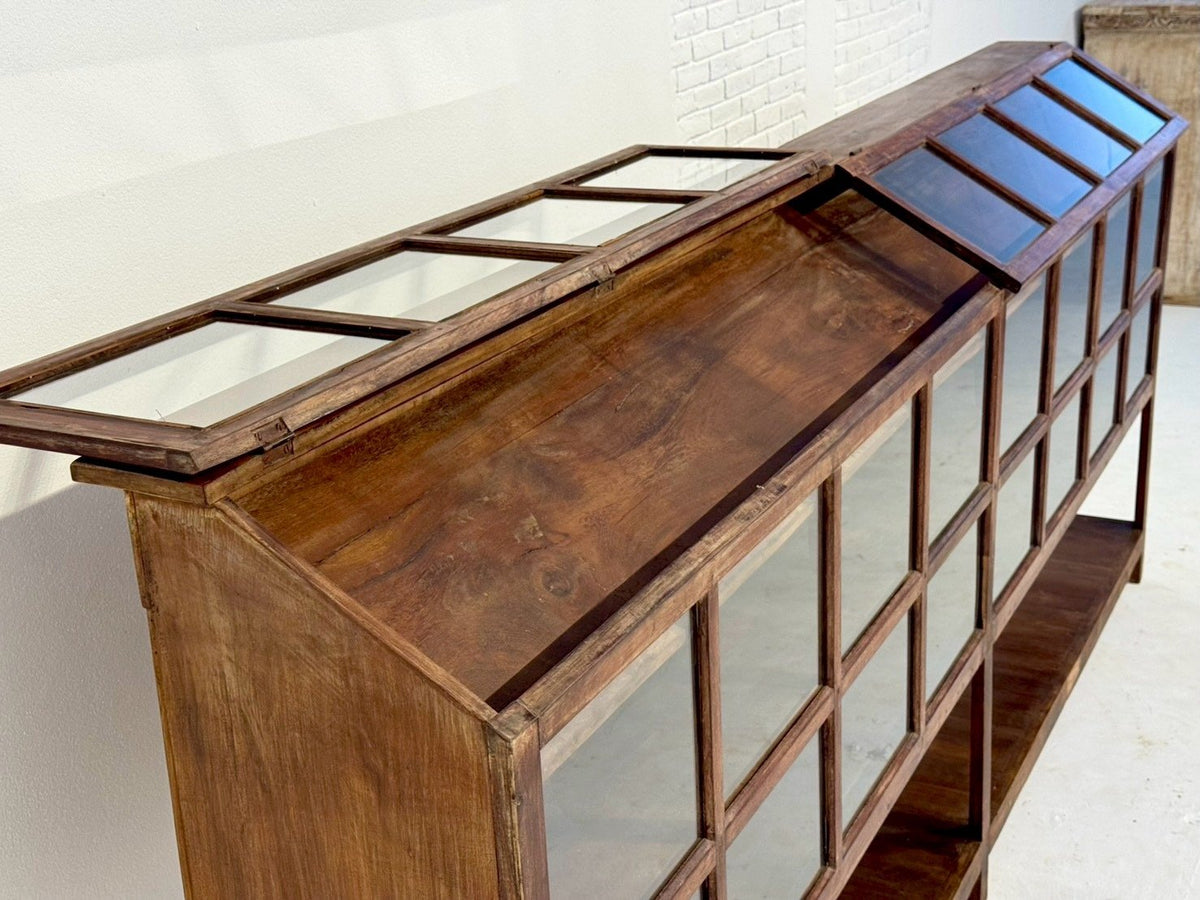 Glass Shelves Display Sideboard – Designer Sideboard with Vintage Rustic Finish W268 x D33 x H115 cm - RIVO HOMES