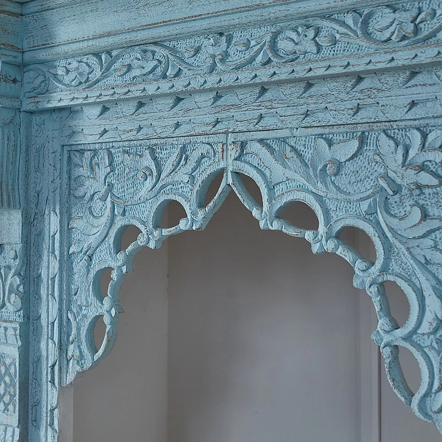 Semantica Carved Mango Wood Rack - Handcrafted 187cm Distressed Blue Architectural Bookshelf