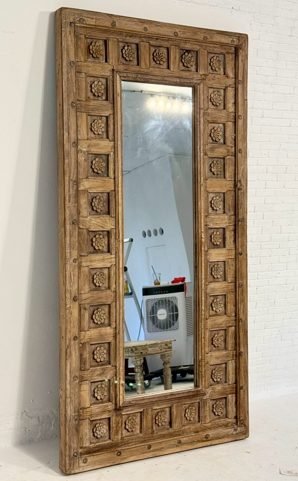 Grandeur Carved Frame Mirror – Large Wooden Frame Mirror with Rustic Finish W107 x D8 x H215 cm - RIVO HOMES