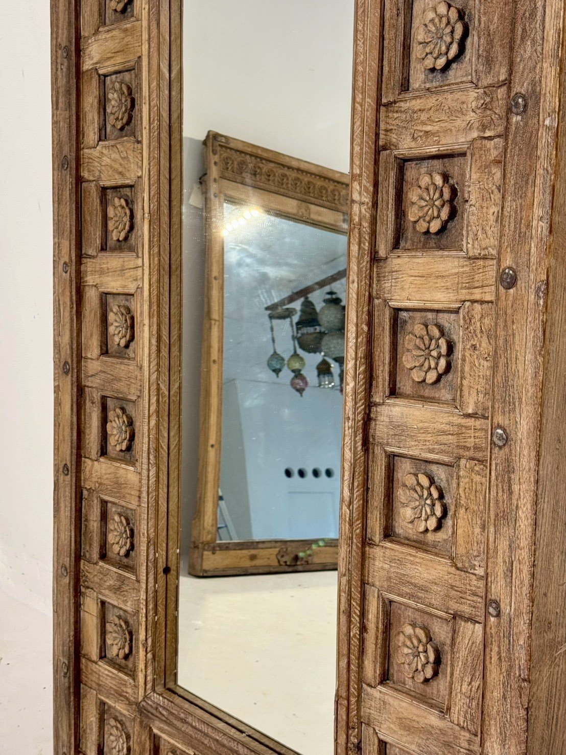 Grandeur Carved Frame Mirror – Large Wooden Frame Mirror with Rustic Finish W107 x D8 x H215 cm - RIVO HOMES