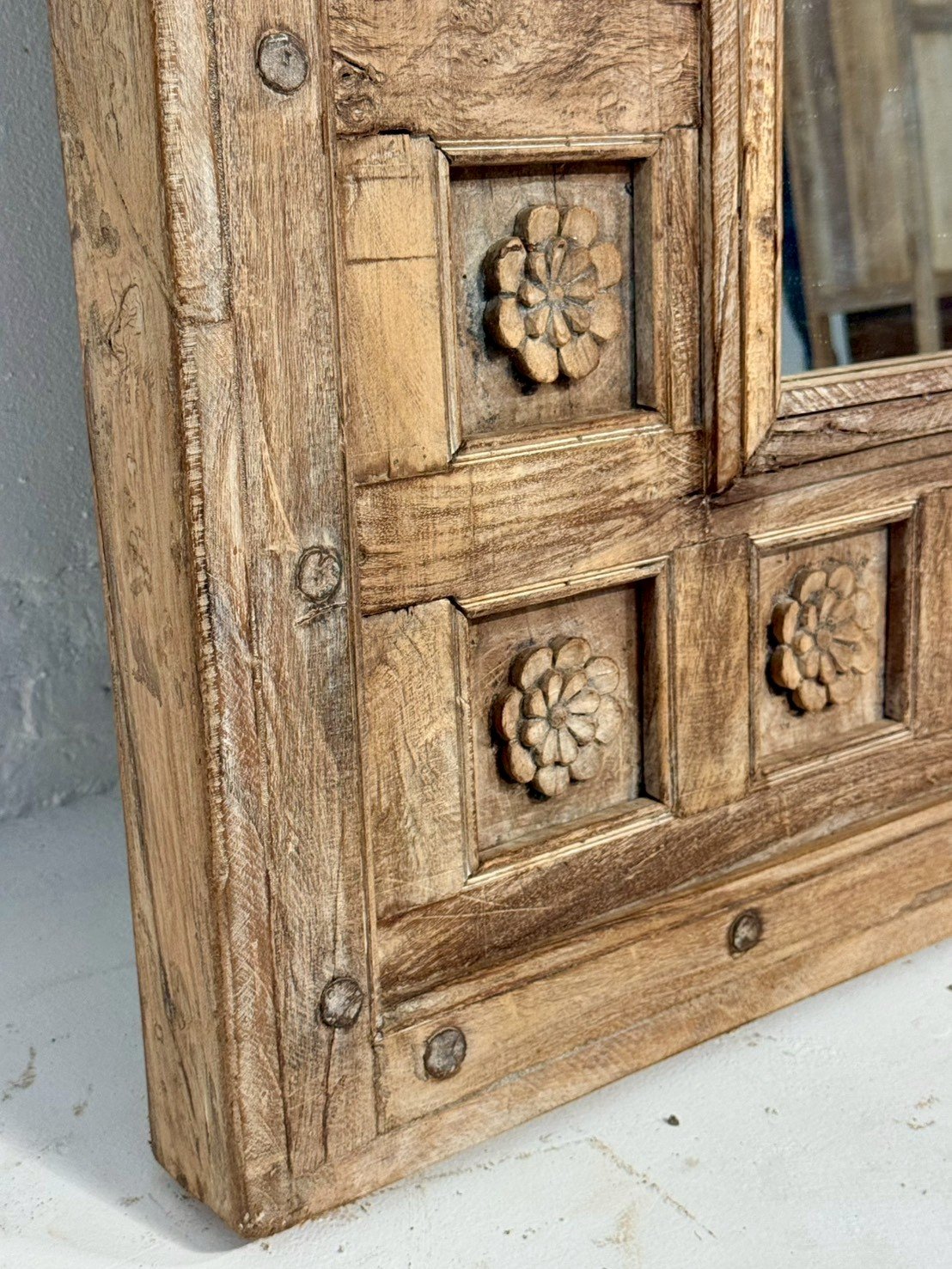 Grandeur Carved Frame Mirror – Large Wooden Frame Mirror with Rustic Finish W107 x D8 x H215 cm - RIVO HOMES
