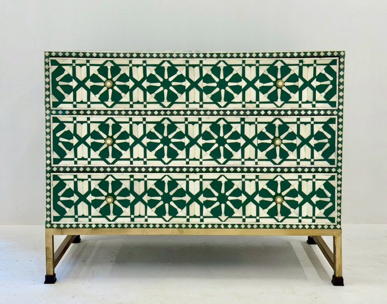 Green Flora Bone Inlay Chest – Designer Chest with Drawers and Gold Base W107 x D48 x H85 cm - RIVO HOMES