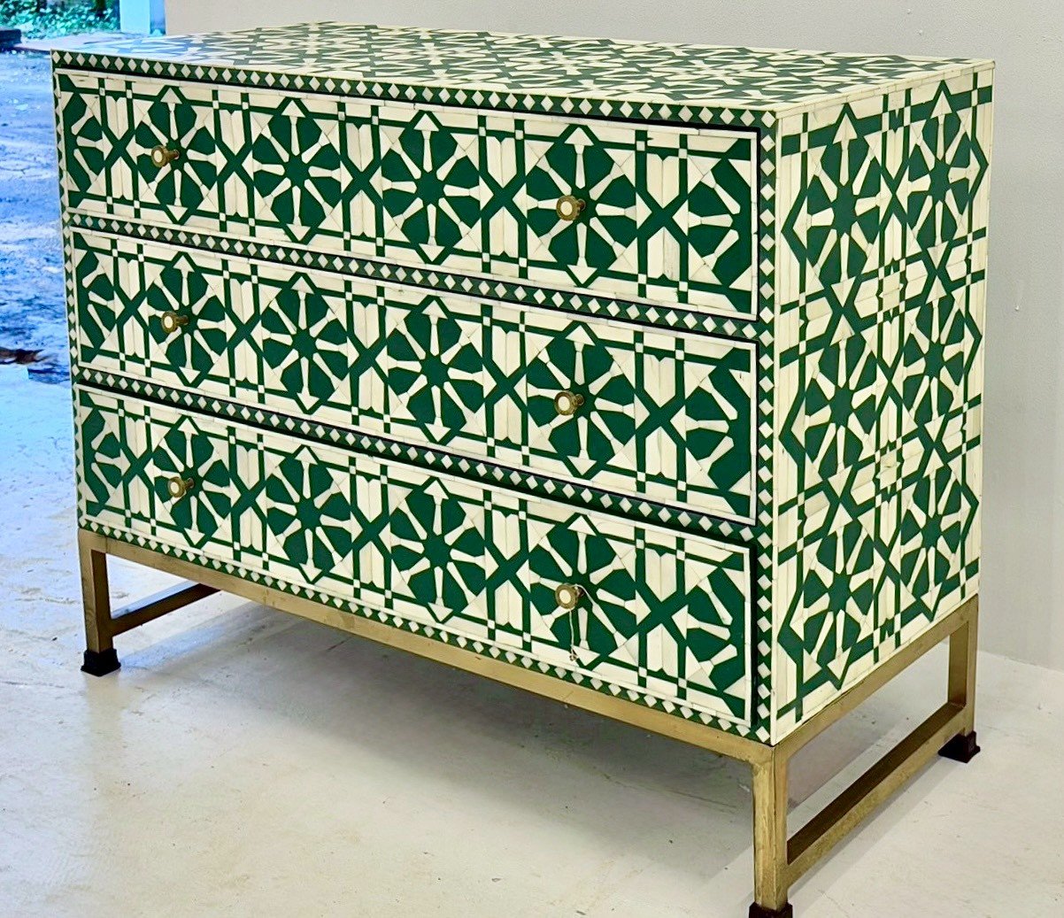Green Flora Bone Inlay Chest – Designer Chest with Drawers and Gold Base W107 x D48 x H85 cm - RIVO HOMES