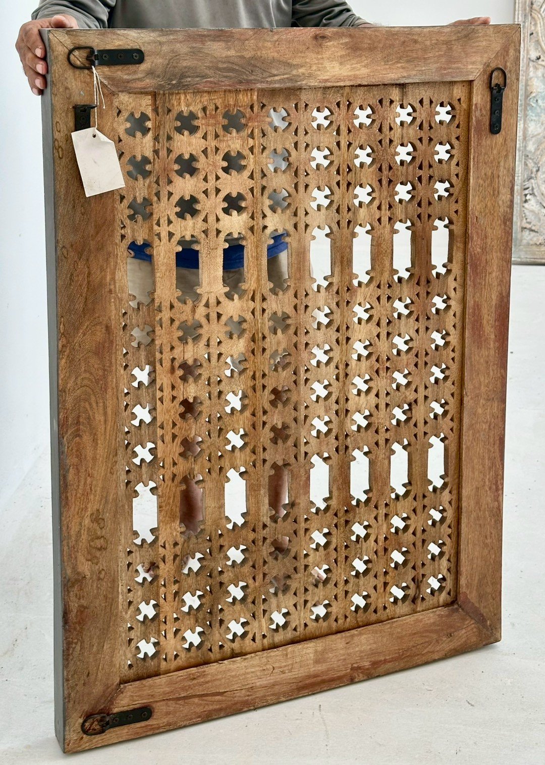 Grey Wash Jaali Wood Panel – Large Wooden Panel with Hand Carving Jali Design W75 x D6 x H106 cm - RIVO HOMES