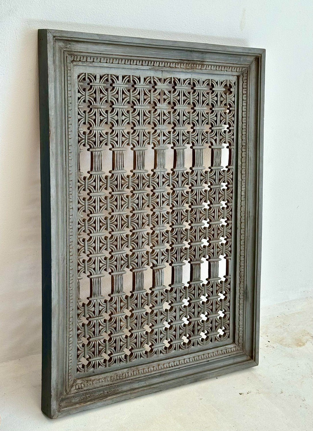 Grey Wash Jaali Wood Panel – Large Wooden Panel with Hand Carving Jali Design W75 x D6 x H106 cm - RIVO HOMES