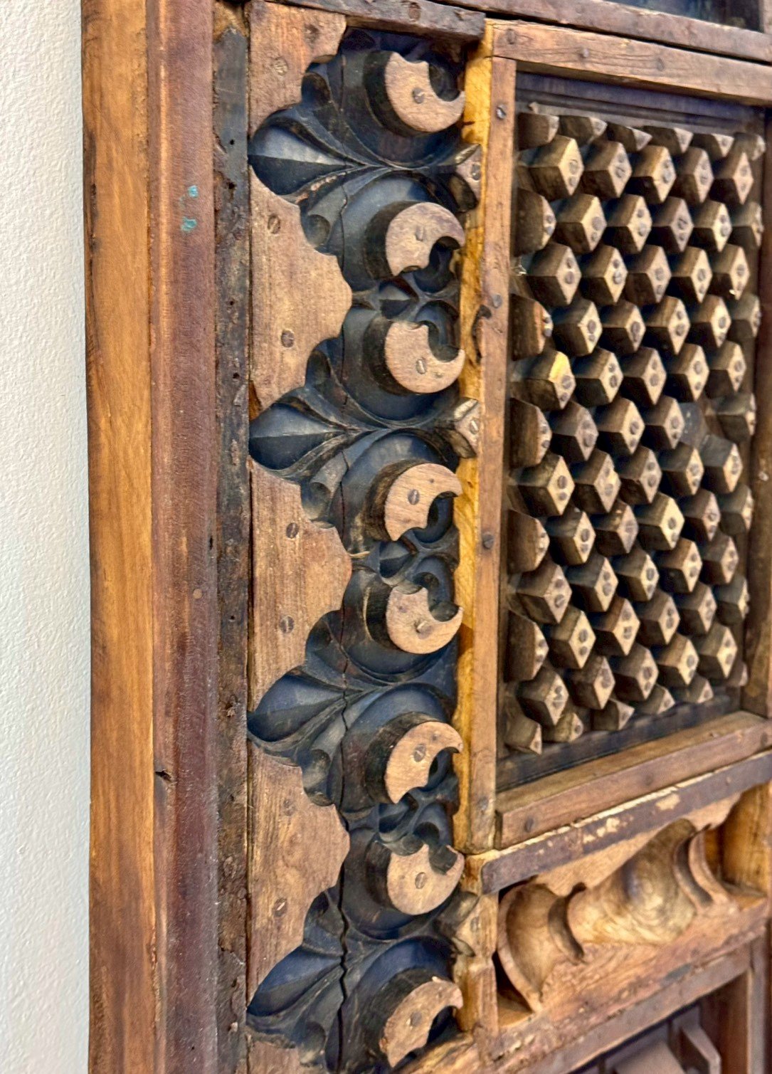 Hand Carved Antique Wooden Panel – Vertical Stacked Sections with Geometric Latticework, Openwork Carvings (61 × 10 × 213 cm - RIVO HOMES