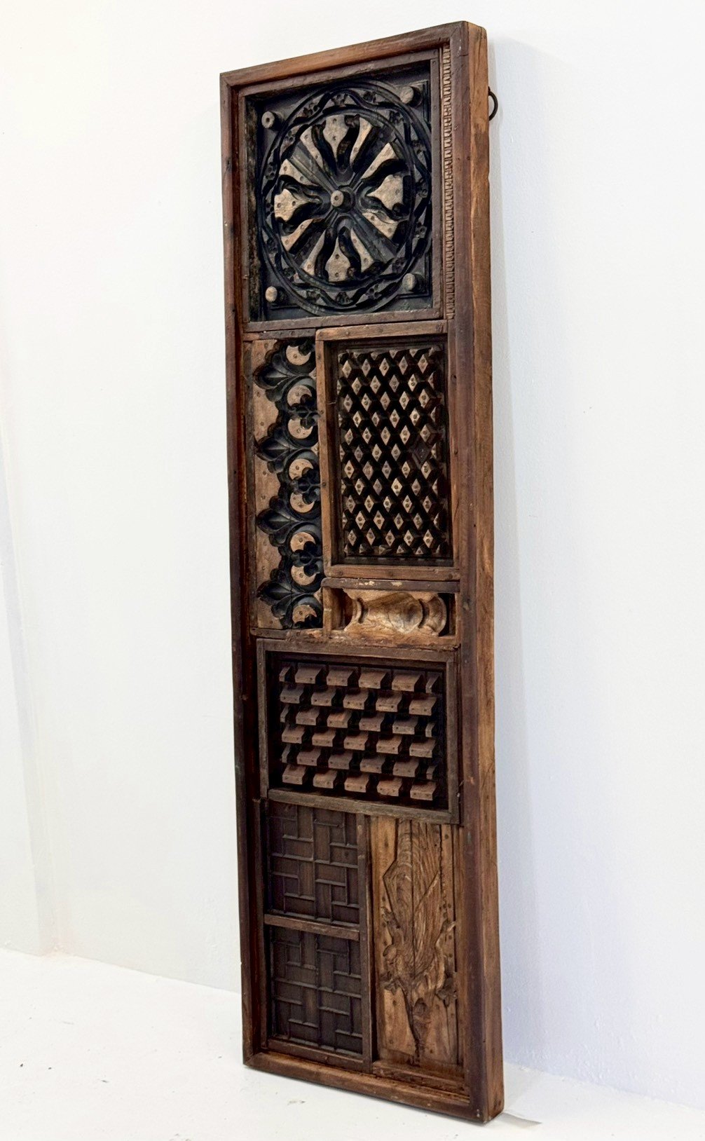 Hand Carved Antique Wooden Panel – Vertical Stacked Sections with Geometric Latticework, Openwork Carvings (61 × 10 × 213 cm - RIVO HOMES