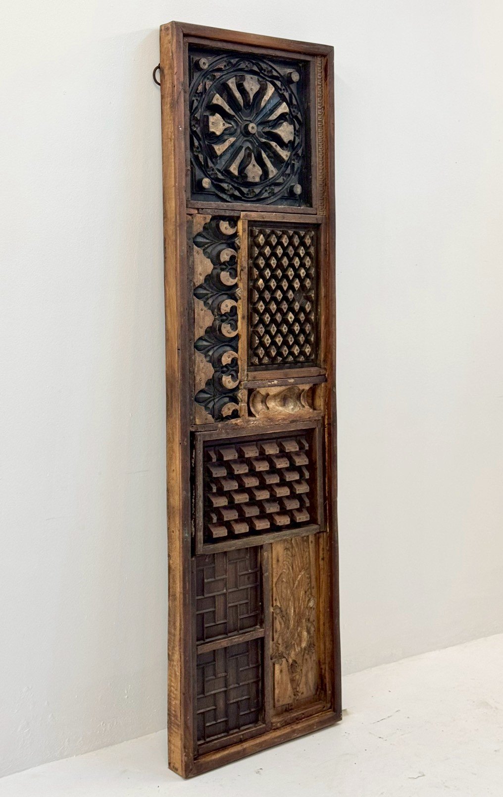 Hand Carved Antique Wooden Panel – Vertical Stacked Sections with Geometric Latticework, Openwork Carvings (61 × 10 × 213 cm - RIVO HOMES