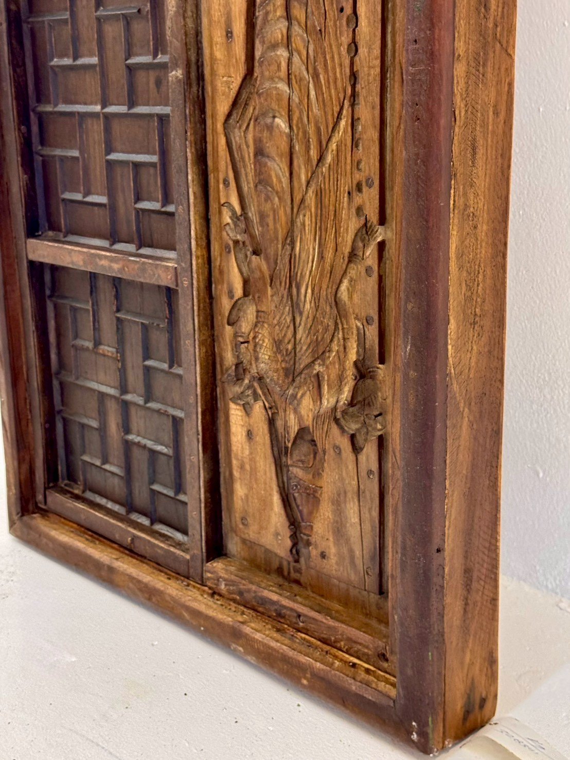 Hand Carved Antique Wooden Panel – Vertical Stacked Sections with Geometric Latticework, Openwork Carvings (61 × 10 × 213 cm - RIVO HOMES