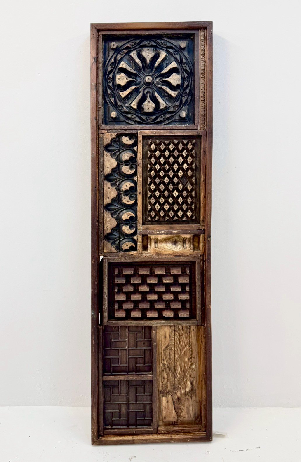 Hand Carved Antique Wooden Panel – Vertical Stacked Sections with Geometric Latticework, Openwork Carvings (61 × 10 × 213 cm - RIVO HOMES