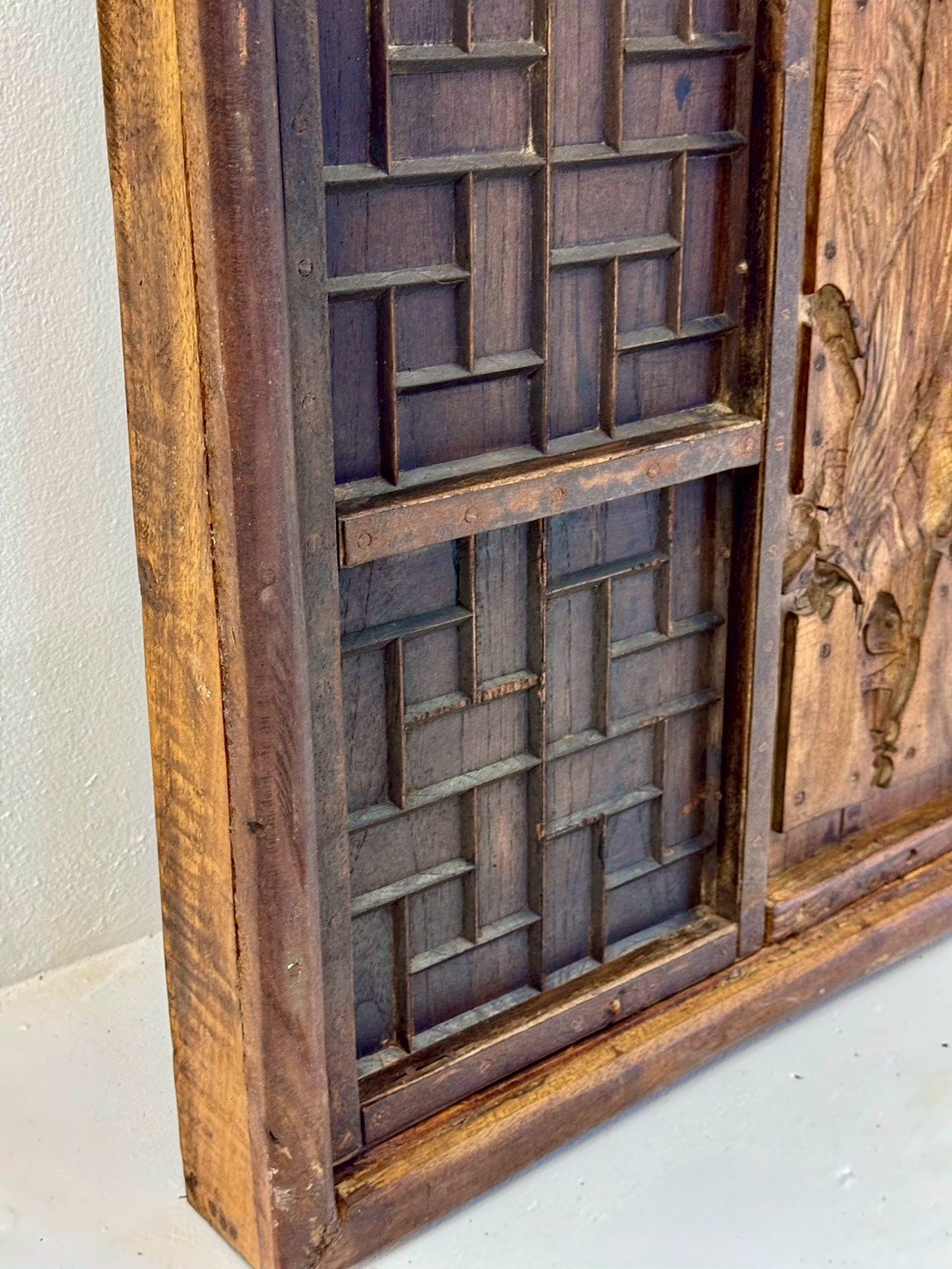 Hand Carved Antique Wooden Panel – Vertical Stacked Sections with Geometric Latticework, Openwork Carvings (61 × 10 × 213 cm - RIVO HOMES