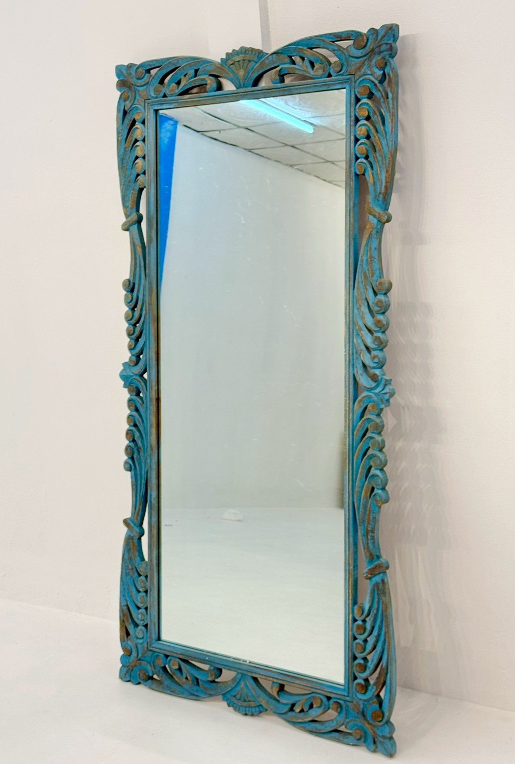 Hand Carved Floral Frame Mirror – Rustic Wall Mirror with Floral Border and Elegant FinishW93 x D3 x H184 cm - RIVO HOMES