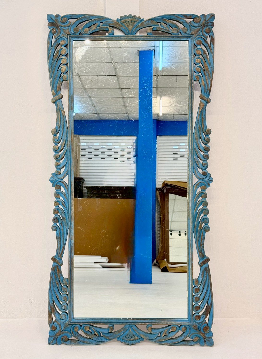 Hand Carved Floral Frame Mirror – Rustic Wall Mirror with Floral Border and Elegant FinishW93 x D3 x H184 cm - RIVO HOMES