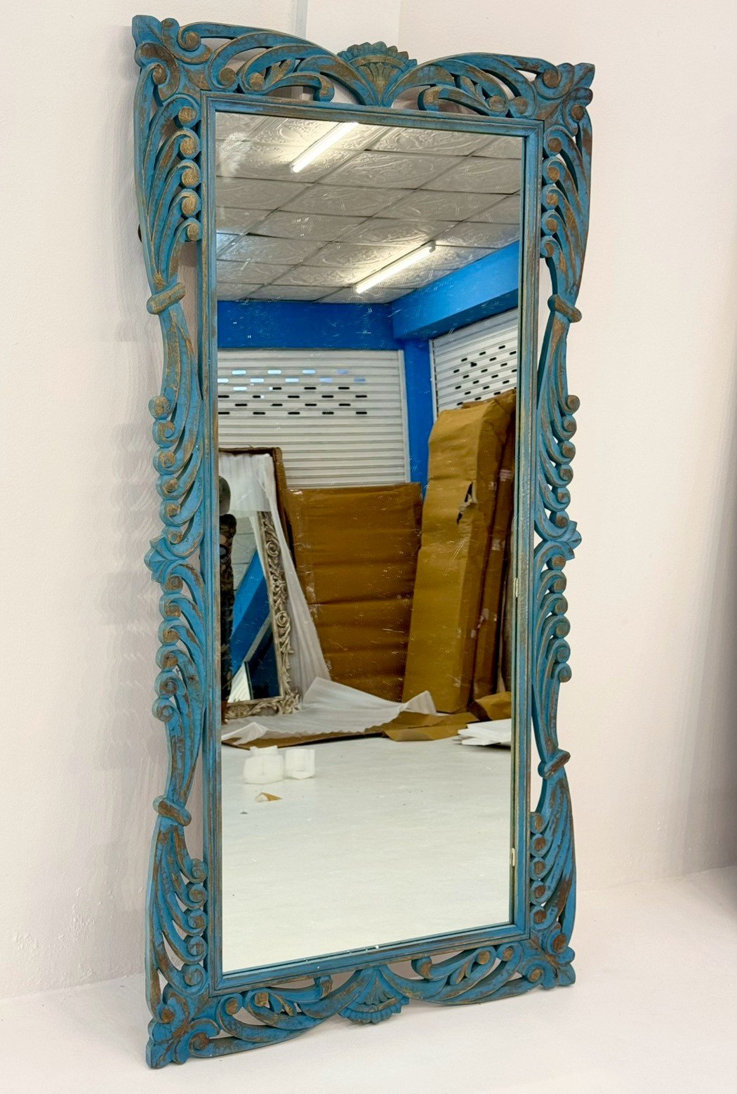 Hand Carved Floral Frame Mirror – Rustic Wall Mirror with Floral Border and Elegant FinishW93 x D3 x H184 cm - RIVO HOMES