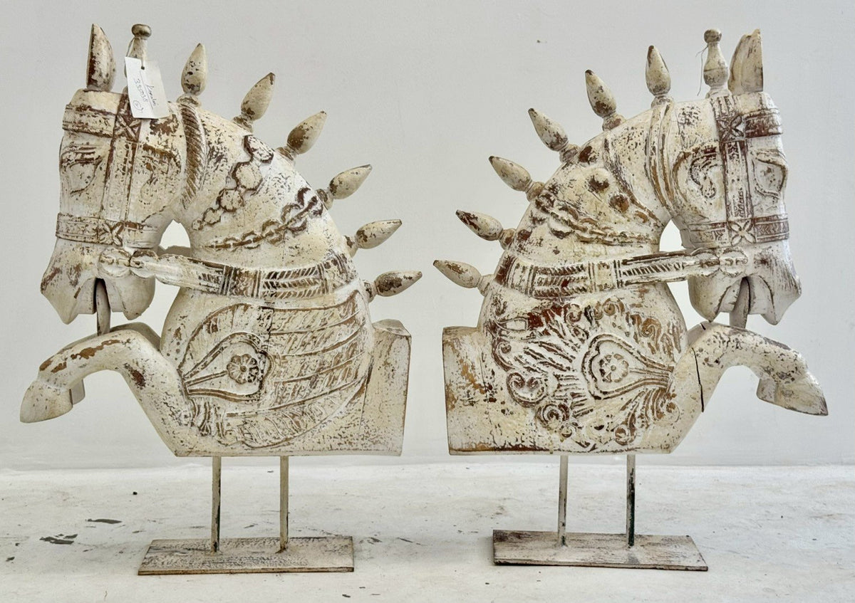 Hand Carved Wooden Horse Statue Set of two – Wood Sculpture with Distressed Finish and Metal Base W54 x D15 x H78 cm - RIVO HOMES
