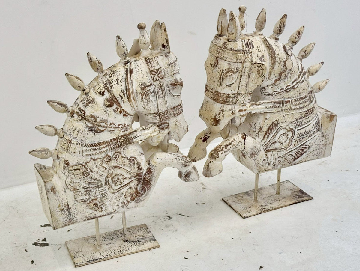 Hand Carved Wooden Horse Statue Set of two – Wood Sculpture with Distressed Finish and Metal Base W54 x D15 x H78 cm - RIVO HOMES