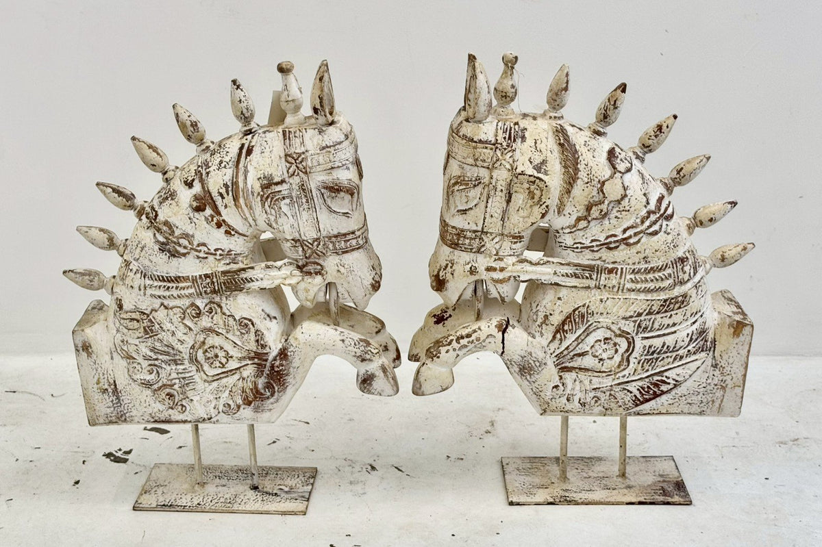Hand Carved Wooden Horse Statue Set of two – Wood Sculpture with Distressed Finish and Metal Base W54 x D15 x H78 cm - RIVO HOMES