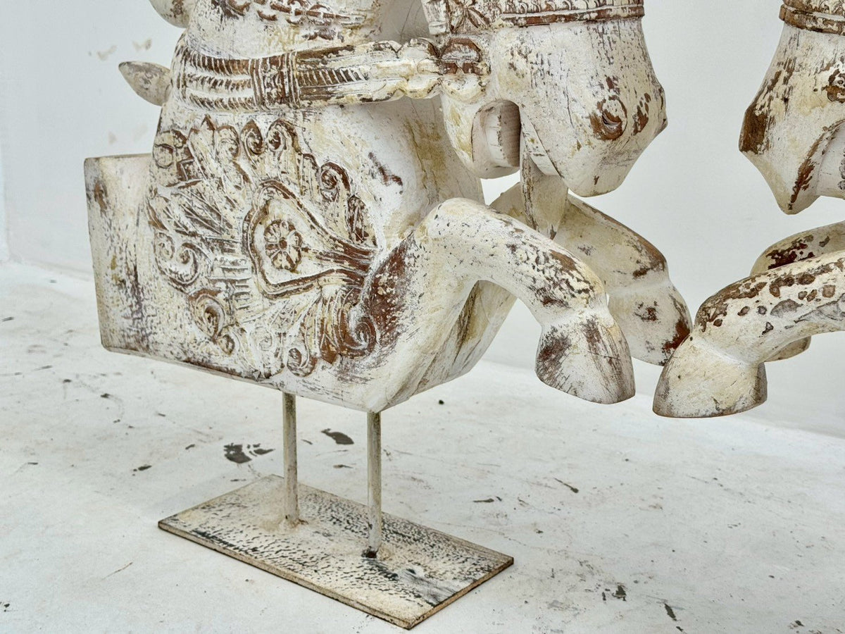 Hand Carved Wooden Horse Statue Set of two – Wood Sculpture with Distressed Finish and Metal Base W54 x D15 x H78 cm - RIVO HOMES