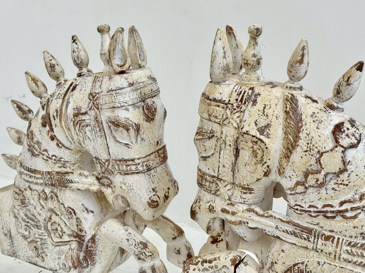 Hand Carved Wooden Horse Statue Set of two – Wood Sculpture with Distressed Finish and Metal Base W54 x D15 x H78 cm - RIVO HOMES