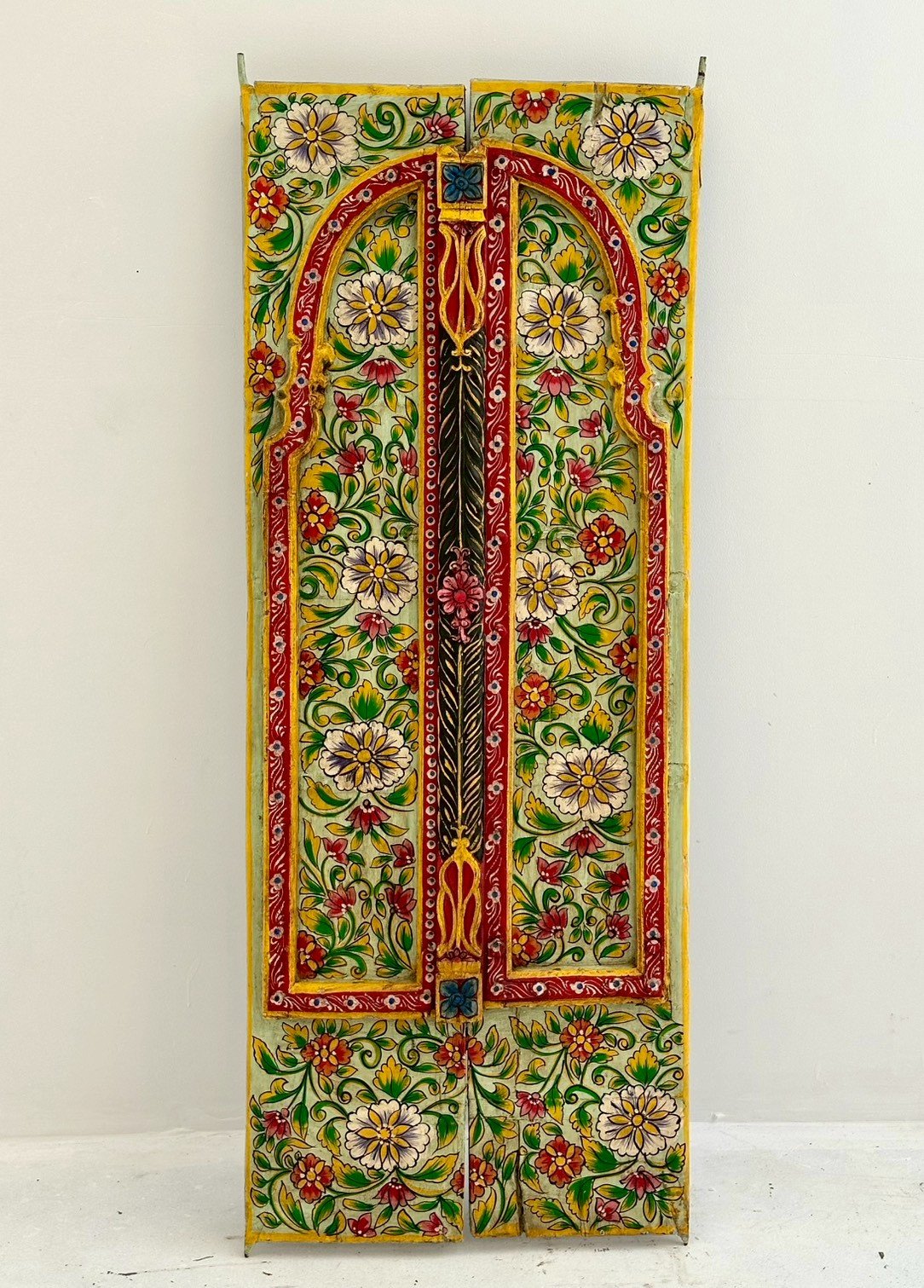 Hand Painted Window Panel – Vintage Window Wall Panel with Floral Artwork W60 x D4 x H160 cm - RIVO HOMES