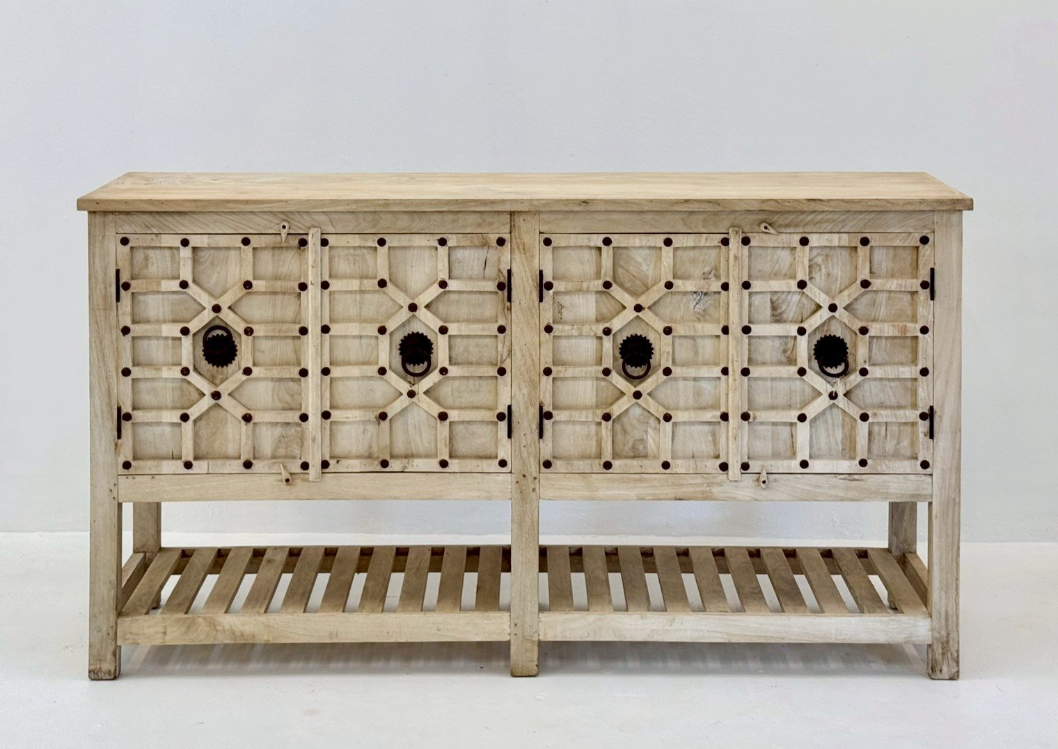 Havelor Sideboard – Rustic Wooden Sideboard with Lattice Front and Open Bottom ShelfW183 x D43 x H101 cm - RIVO HOMES