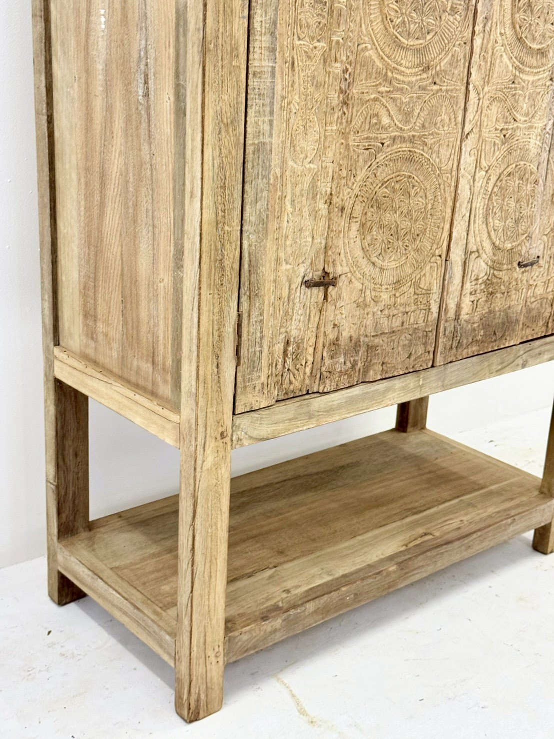 Haven Rustic Cabinet – Tall Wooden Cabinet Storage with Carved Doors and Open Shelf (W95 × D44 × H198 cm) - RIVO HOMES