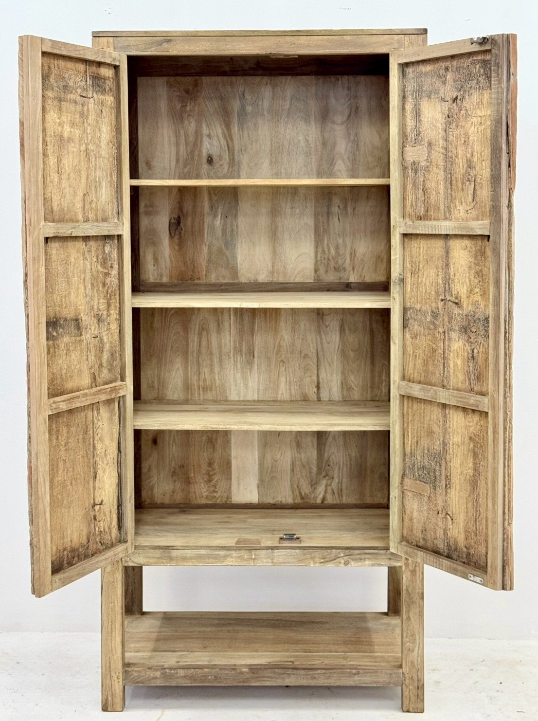 Haven Rustic Cabinet – Tall Wooden Cabinet Storage with Carved Doors and Open Shelf (W95 × D44 × H198 cm) - RIVO HOMES