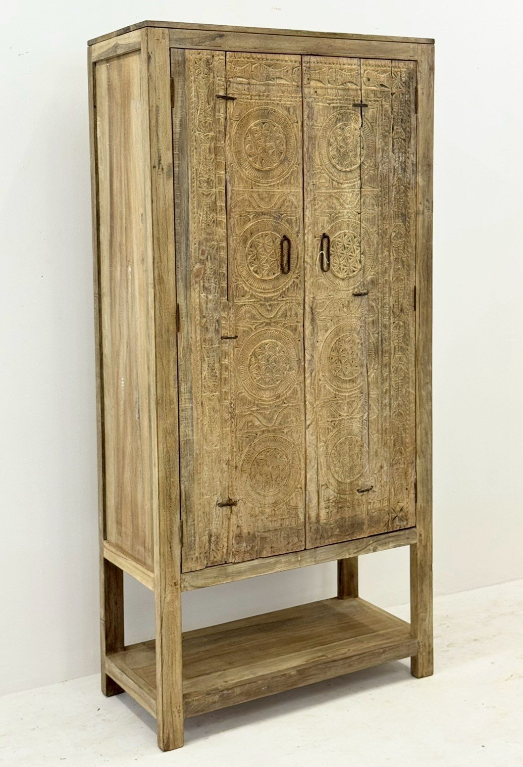 Haven Rustic Cabinet – Tall Wooden Cabinet Storage with Carved Doors and Open Shelf (W95 × D44 × H198 cm) - RIVO HOMES