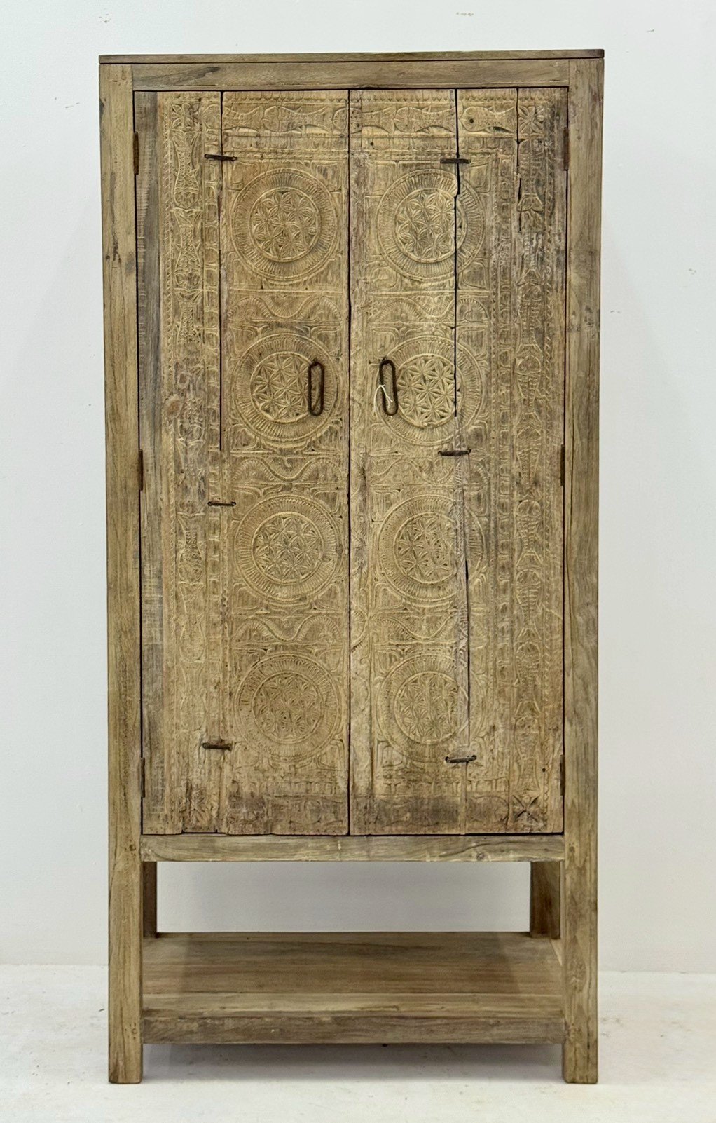 Haven Rustic Cabinet – Tall Wooden Cabinet Storage with Carved Doors and Open Shelf (W95 × D44 × H198 cm) - RIVO HOMES