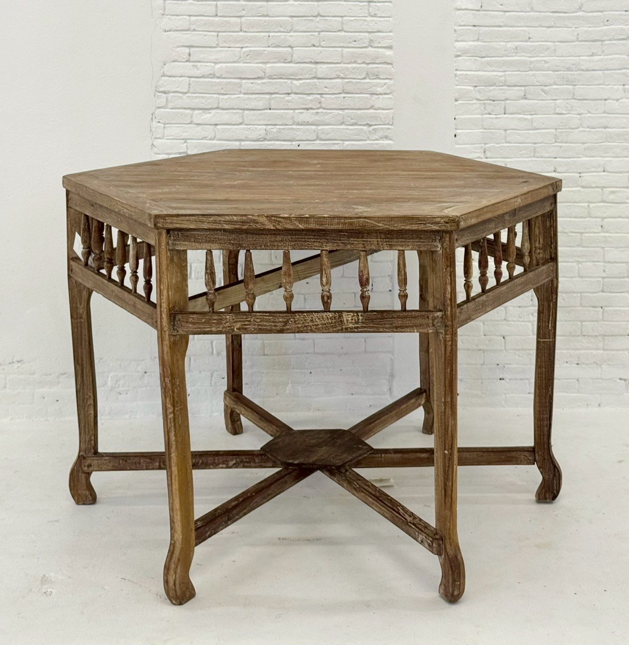 Hexawood Center Table – Antique Hexagon Mango Wood Table with Balustrade Trim W121 x D121 x H79 cm - RIVO HOMES