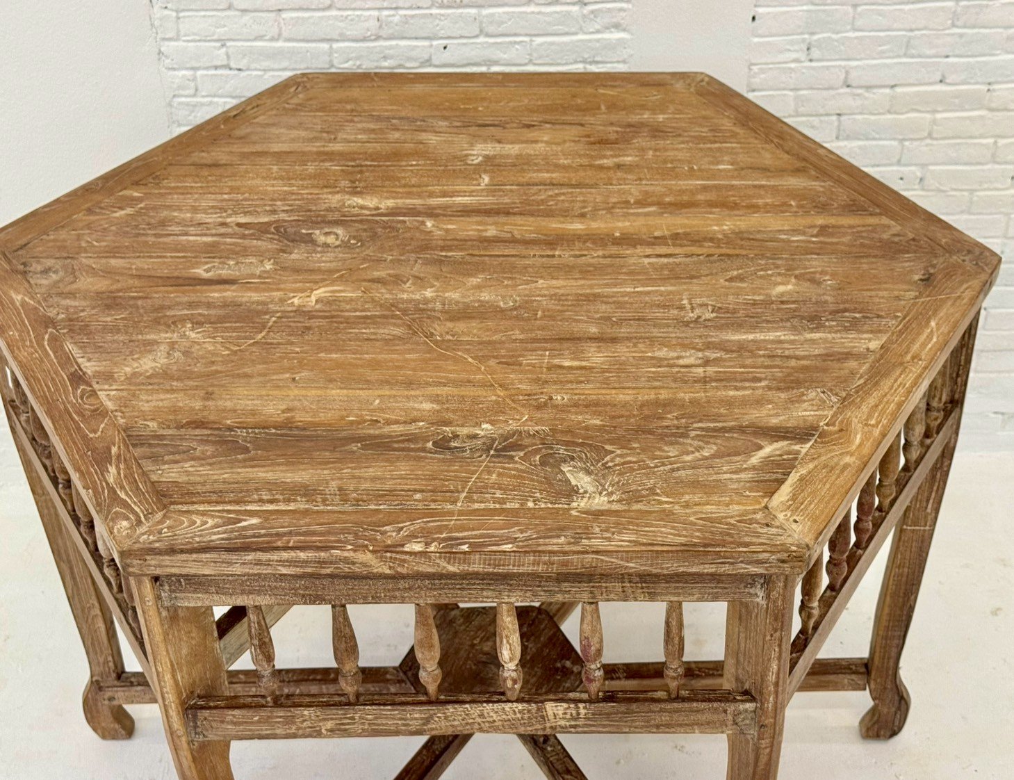 Hexawood Center Table – Antique Hexagon Mango Wood Table with Balustrade Trim W121 x D121 x H79 cm - RIVO HOMES