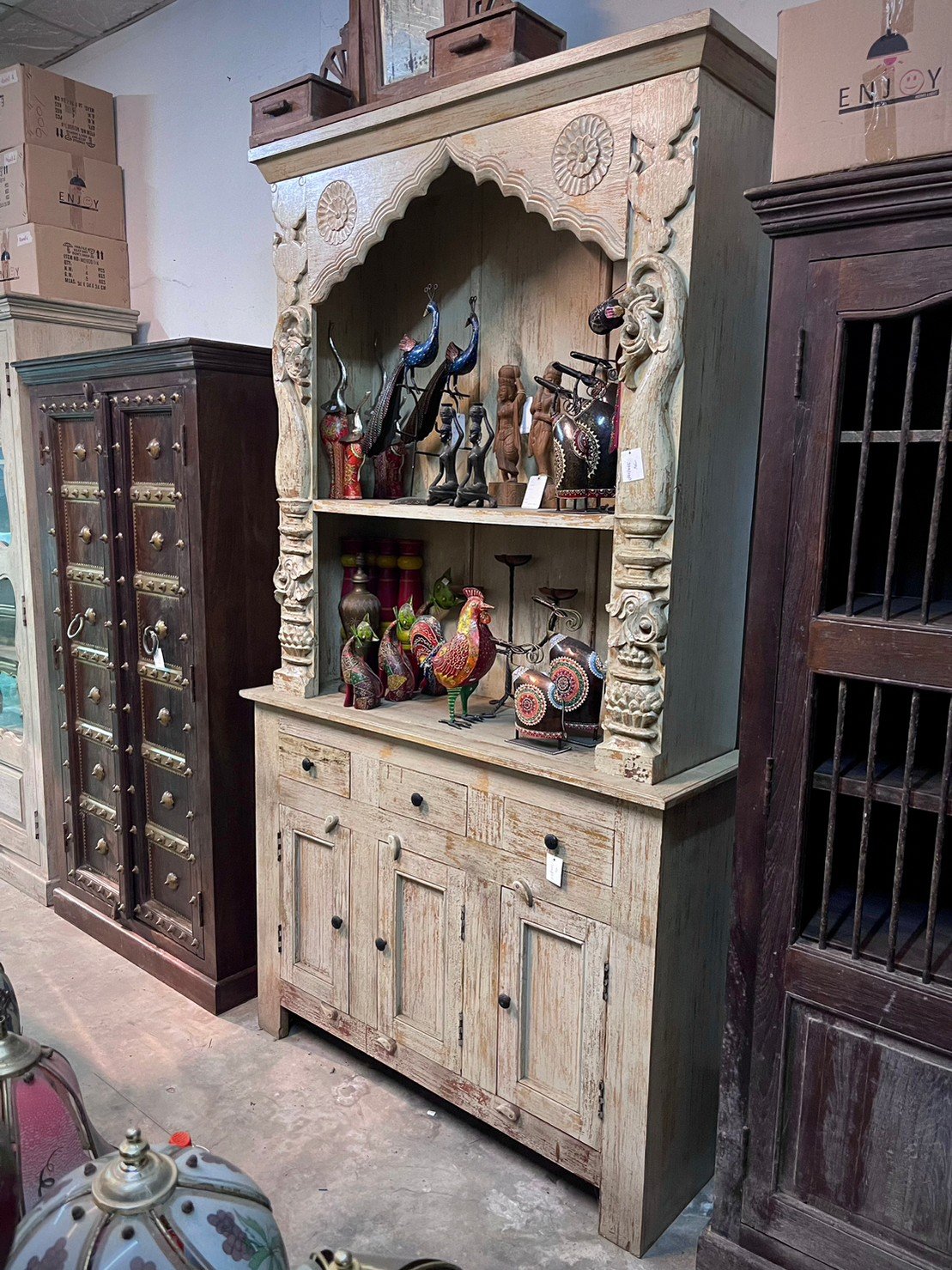 High Arch Carved Display Cabinet – Large Open Cabinets with Drawers and Lower Storage W125 x D41 x H225 cm - RIVO HOMES