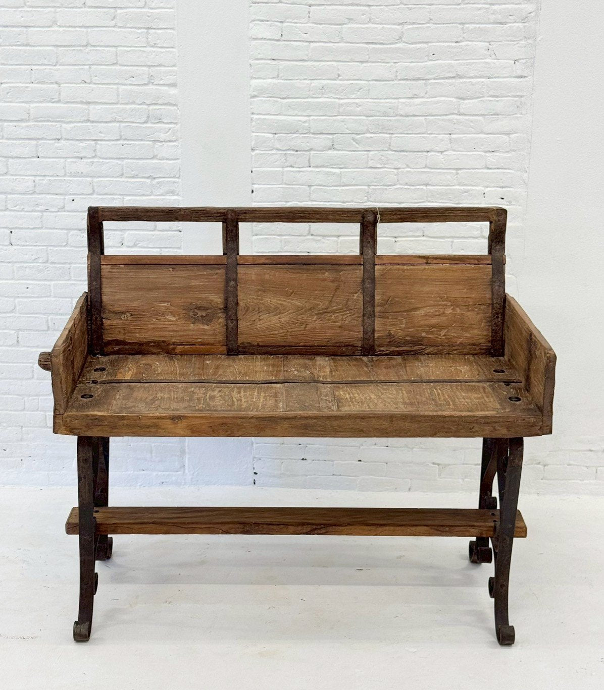 High Back Antique Bench – Rustic Old Style Bench with Carved Wood Details W119 x D50 x H84 cm - RIVO HOMES