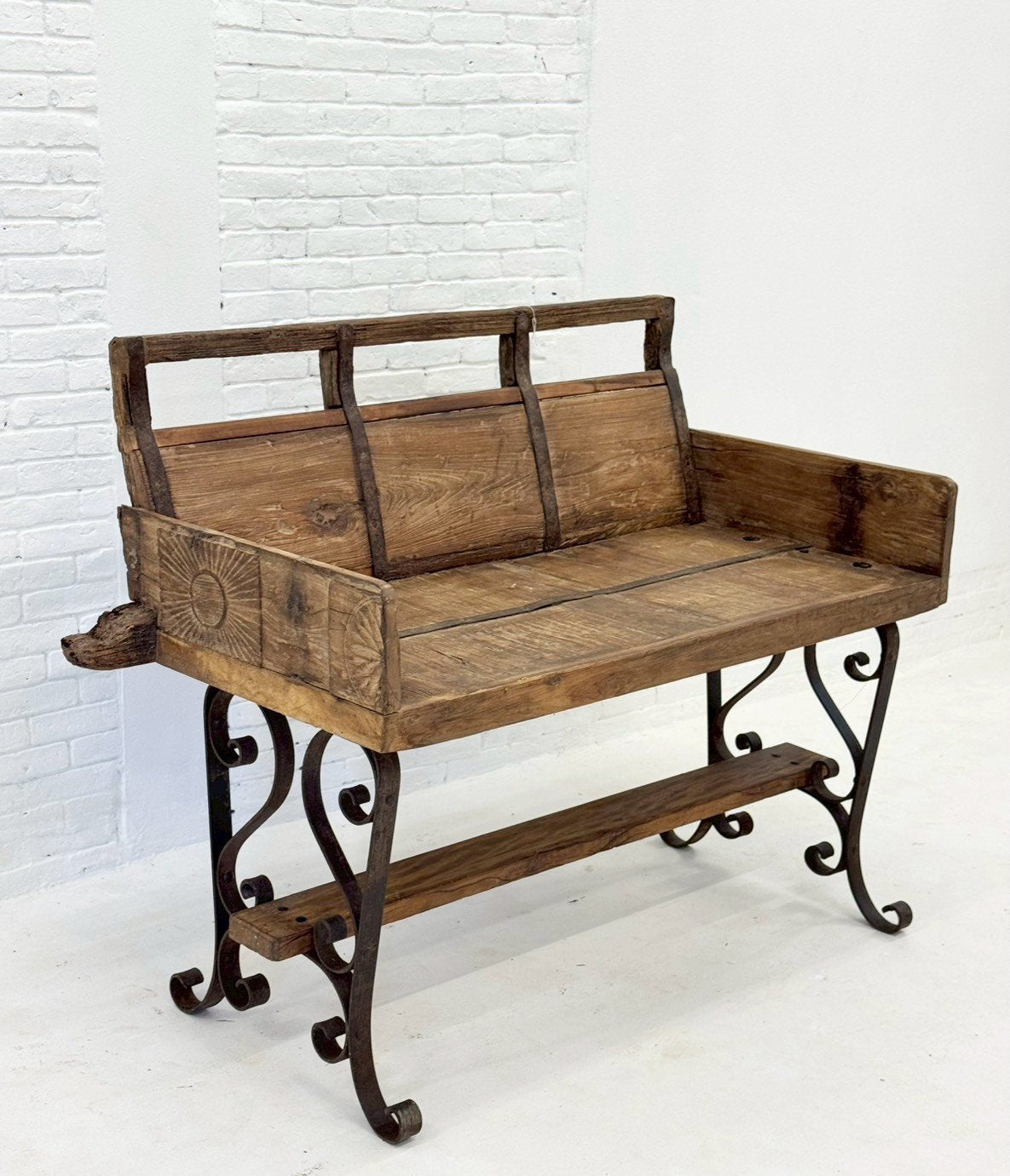 High Back Antique Bench – Rustic Old Style Bench with Carved Wood Details W119 x D50 x H84 cm - RIVO HOMES