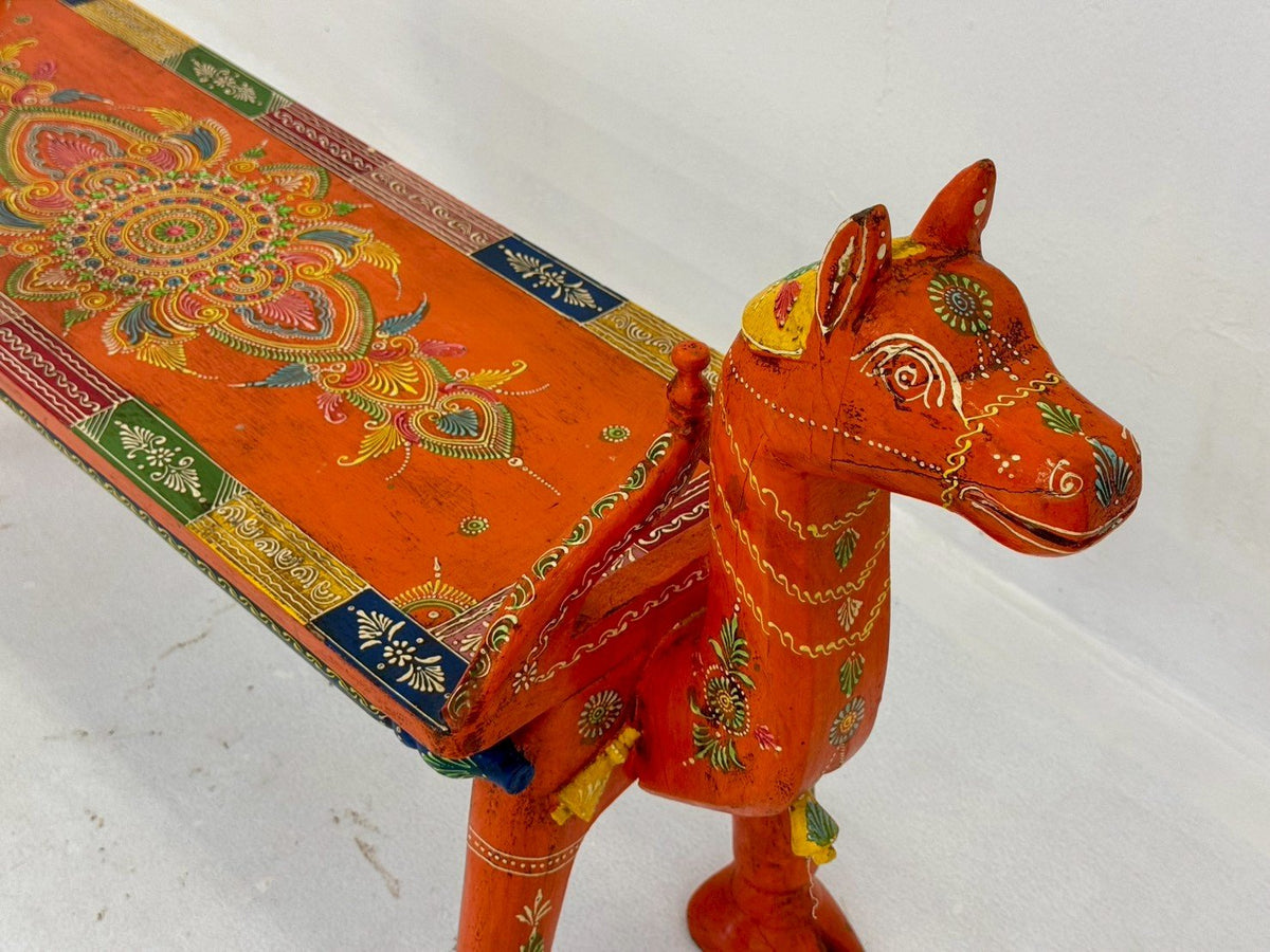Horse Heads Wooden Bench – Painted Wooden Bench with Horse-Head Armrests W128 x D30 x H63 cm - RIVO HOMES