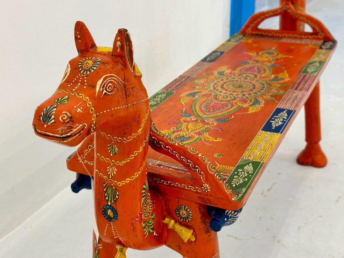 Horse Heads Wooden Bench – Painted Wooden Bench with Horse-Head Armrests W128 x D30 x H63 cm - RIVO HOMES