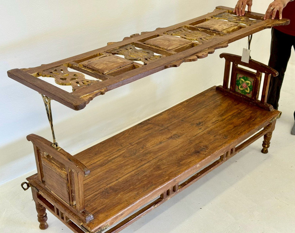 Inlaid Backrest Panel Bench – Paint Inlaid Bench with Rustic Wood Finish W148 x D52 x H86 cm - RIVO HOMES