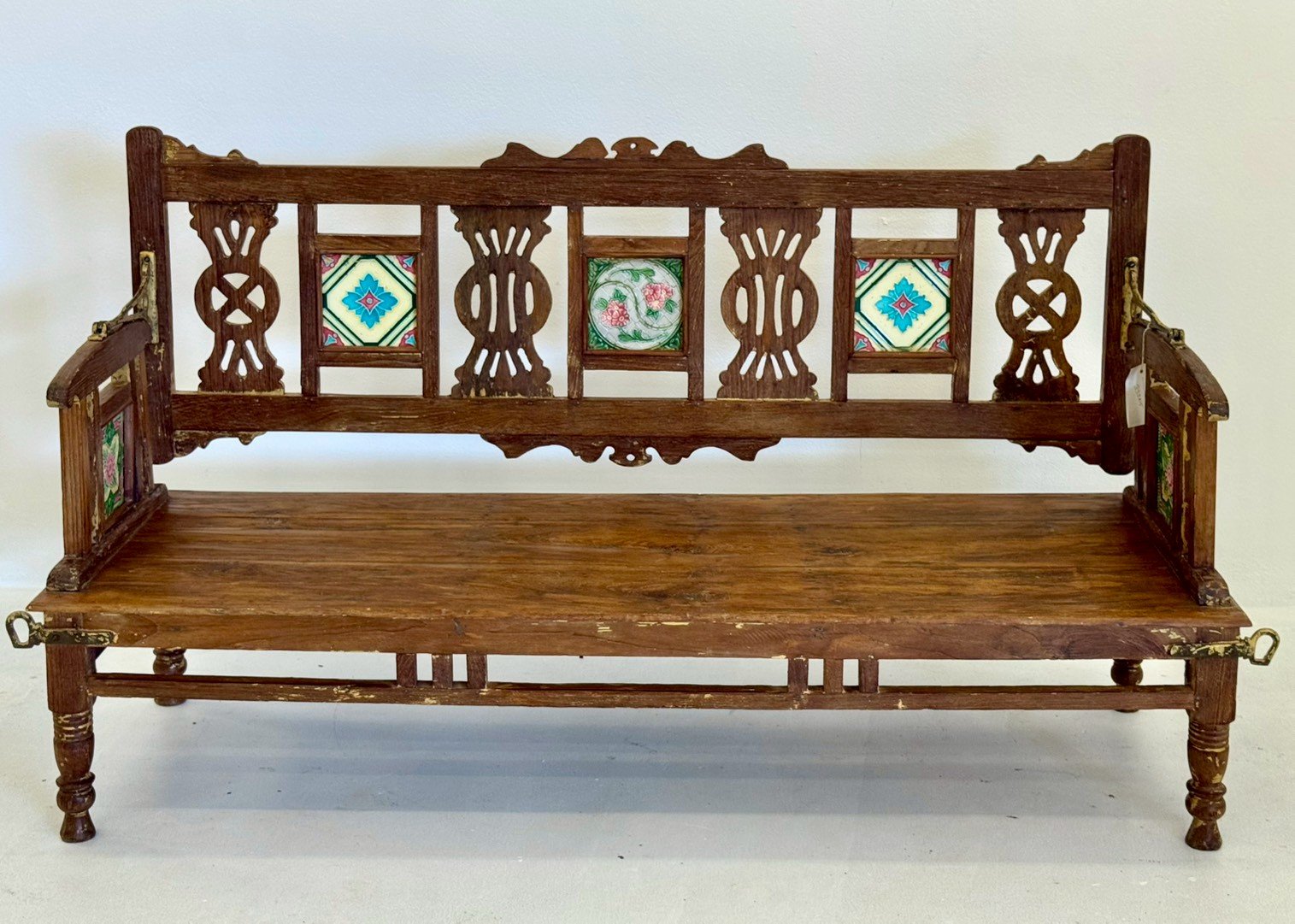 Inlaid Backrest Panel Bench – Paint Inlaid Bench with Rustic Wood Finish W148 x D52 x H86 cm - RIVO HOMES