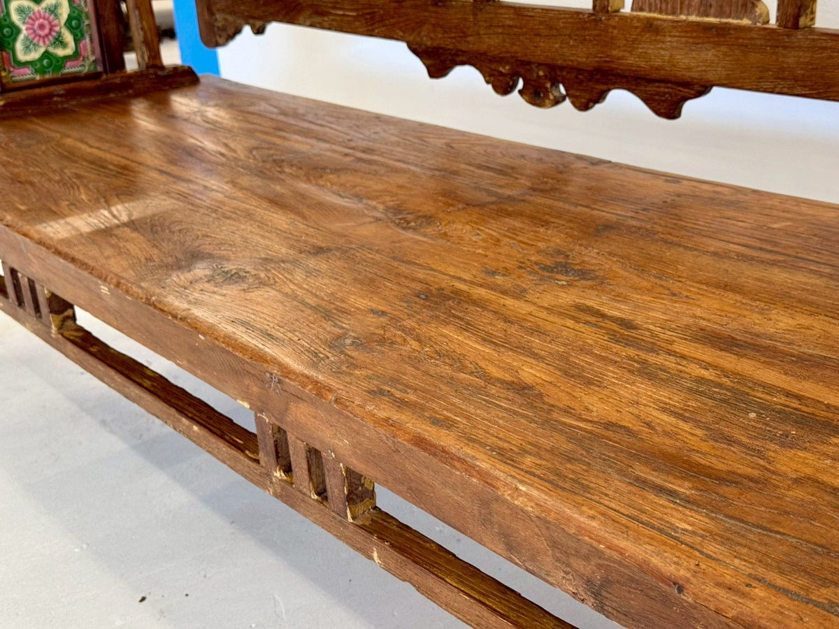 Inlaid Backrest Panel Bench – Paint Inlaid Bench with Rustic Wood Finish W148 x D52 x H86 cm - RIVO HOMES