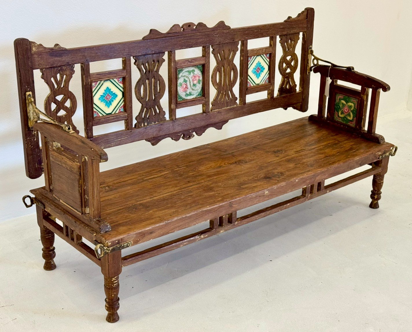 Inlaid Backrest Panel Bench – Paint Inlaid Bench with Rustic Wood Finish W148 x D52 x H86 cm - RIVO HOMES