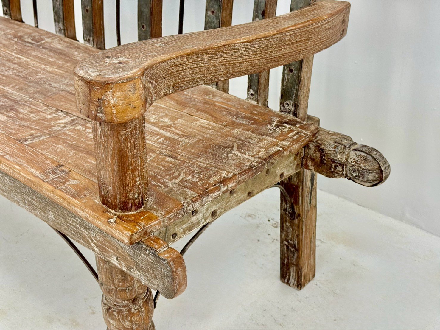 Iron Wood Bench – Antique Wood Bench with High Back and Turned Legs W202 x D58 x H98 cm - RIVO HOMES