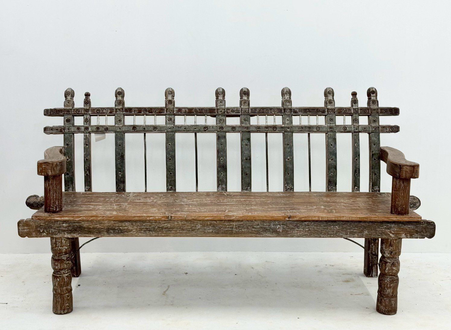 Iron Wood Bench – Antique Wood Bench with High Back and Turned Legs W202 x D58 x H98 cm - RIVO HOMES