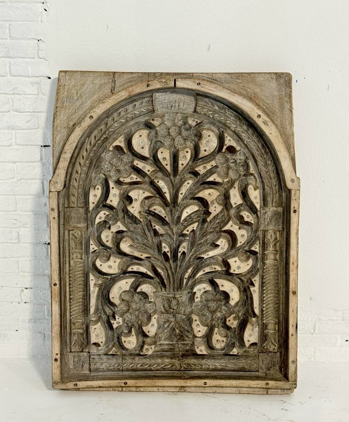 Jarokha Lattice Wooden Panel – Hand Carved Wood Panel with Arched Frame W64 x D10 x H83 cm - RIVO HOMES