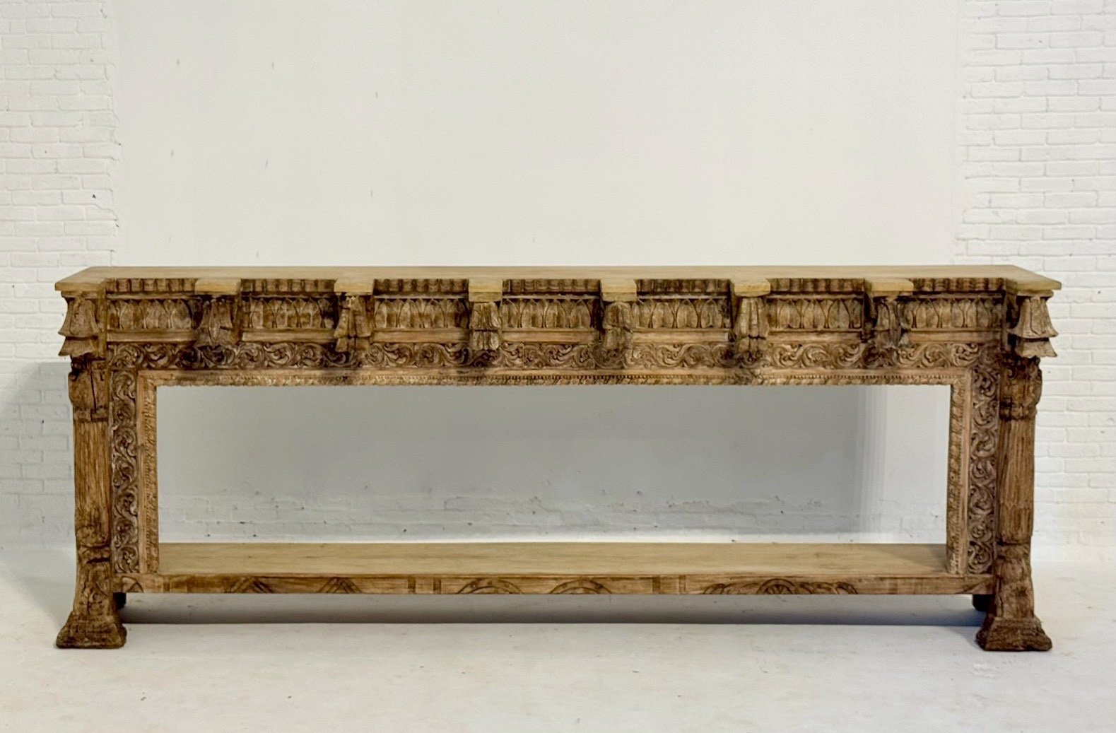 Karigari Handcarved Console Table – Handcarved Front Console Table with Open Shelf W244 x D45 x H93 cm - RIVO HOMES
