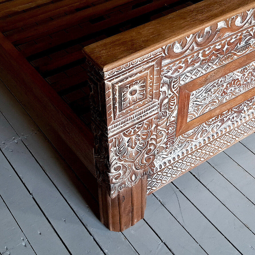Semantica Queen Size Mango Wood Bed - Handcrafted Floral Carved 154cm High Headboard Bed