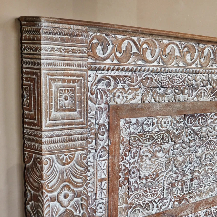 Semantica Queen Size Mango Wood Bed - Handcrafted Floral Carved 154cm High Headboard Bed