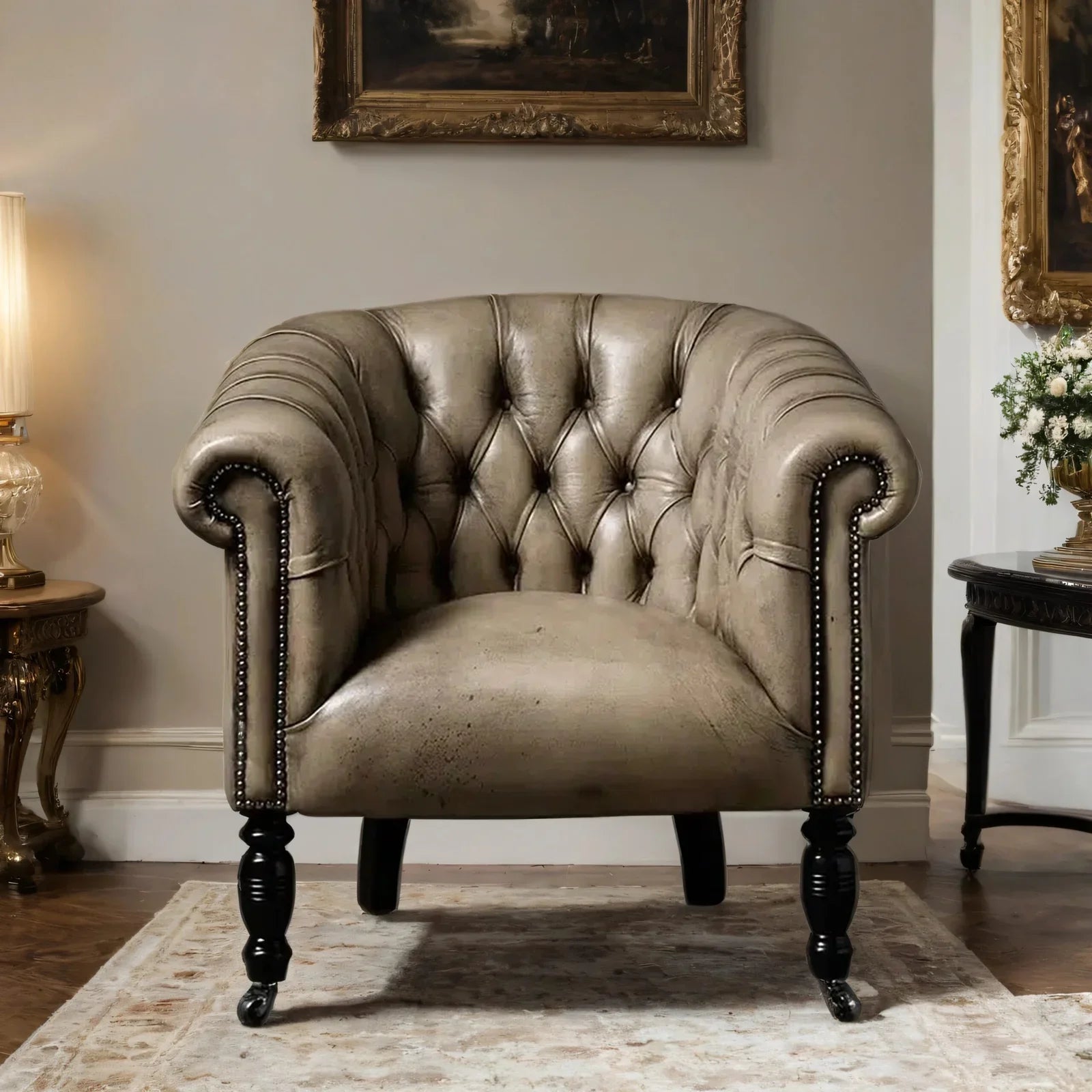 Regalia Crest Leather Lounge Chair – Handcrafted Bone/Brown Accent by RIVO HOMES
