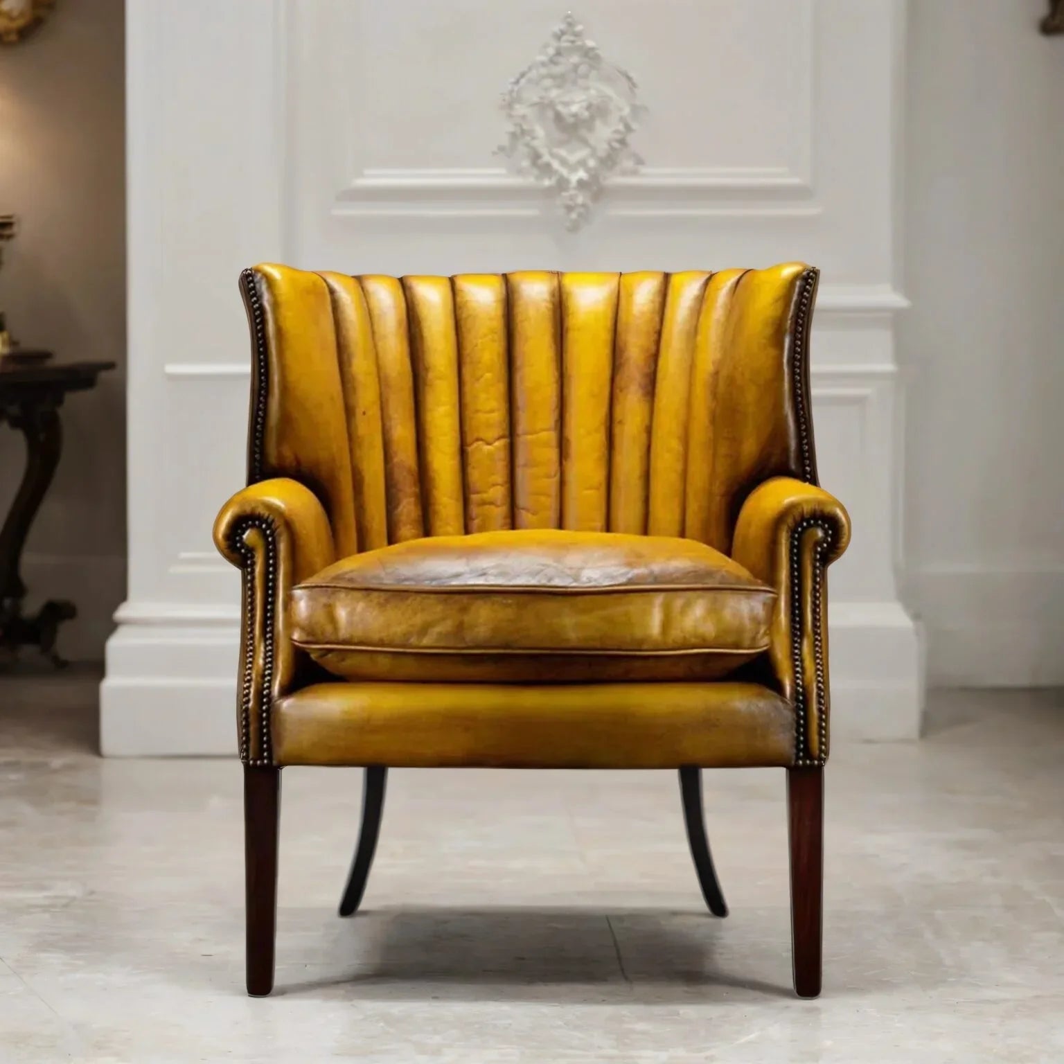 Aurelius Gold Leather Lounge Chair – Handcrafted Accent Seating by RIVO HOMES