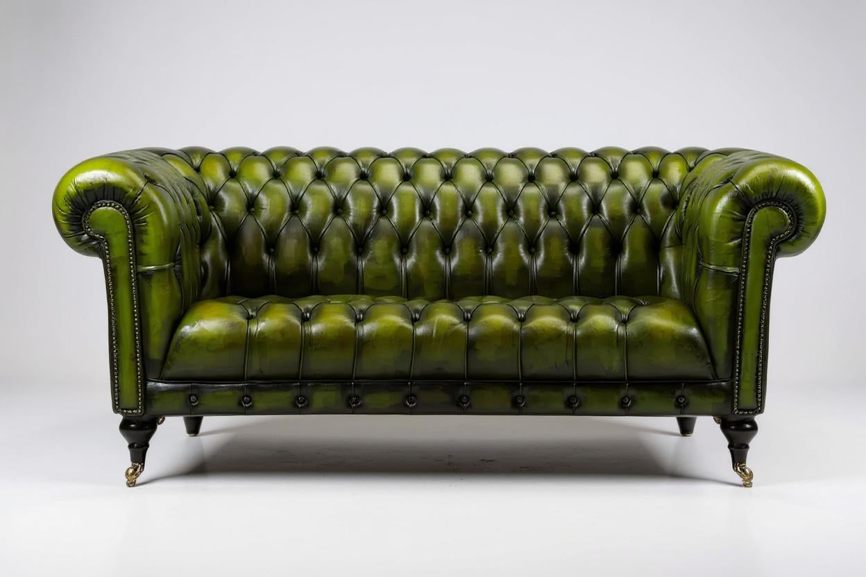 Emerald Elegance Chesterfield 3-Seater Leather Sofa – Handcrafted Comfort by RIVO HOMES