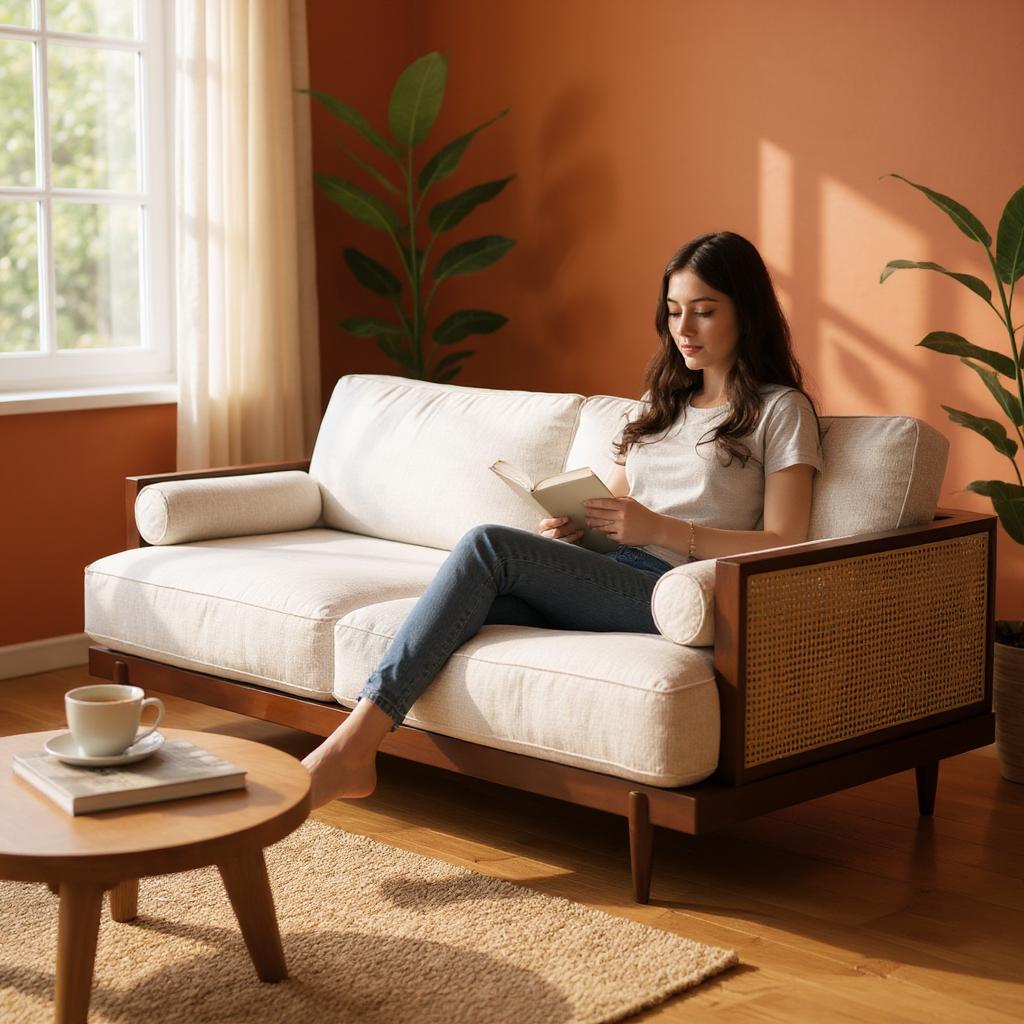 Modern Wooden Rattan Sofa | Handcrafted Cane & Wood Upholstered Couch | Mid-Century Living Room Seating | RIVO HOMES